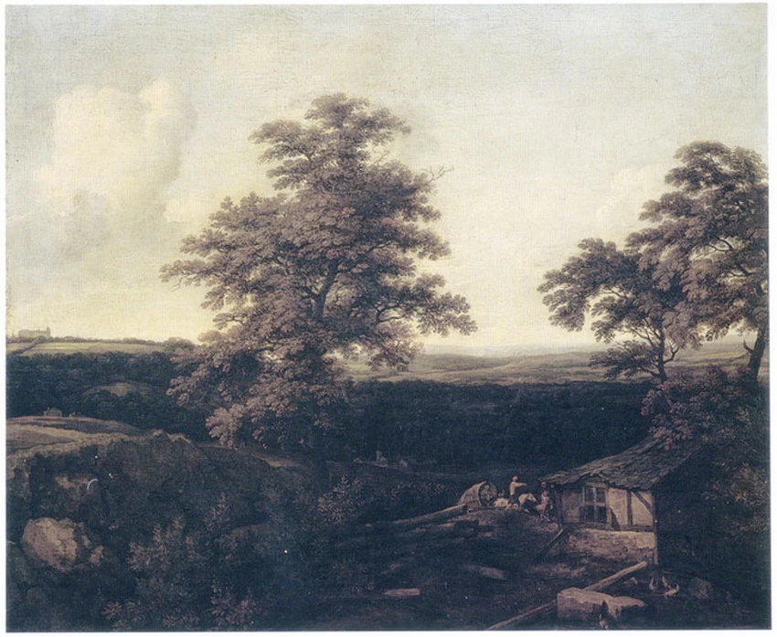Ampio paesaggio collinare con una casa a graticcio